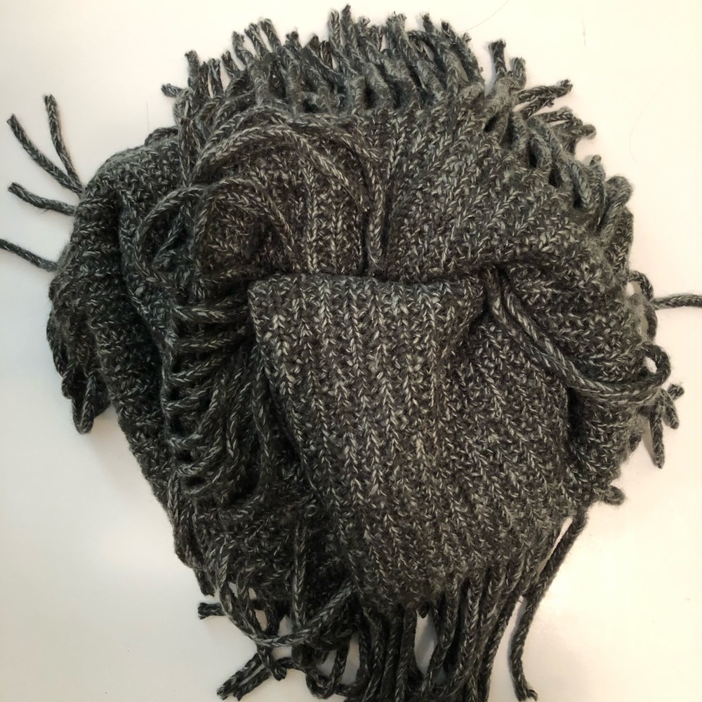 Loft infinity scarf. Forest green and grey tweed effect. Tassels on all sides
